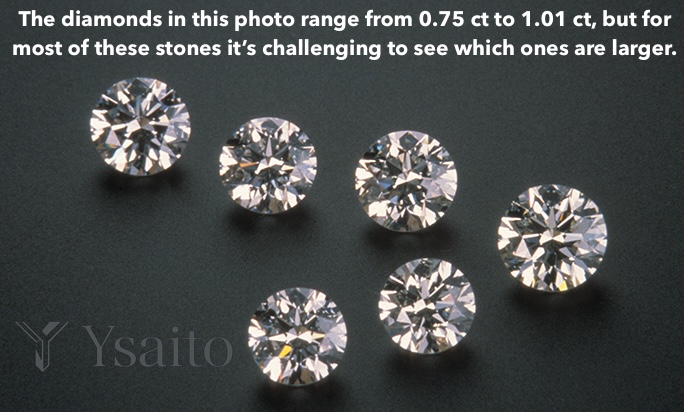 Diamond carat weight comparison from 0.75 to 1.01 carats Round diamonds ranging from 0.75 carats to just over 1 carat showing how similar they appear in size